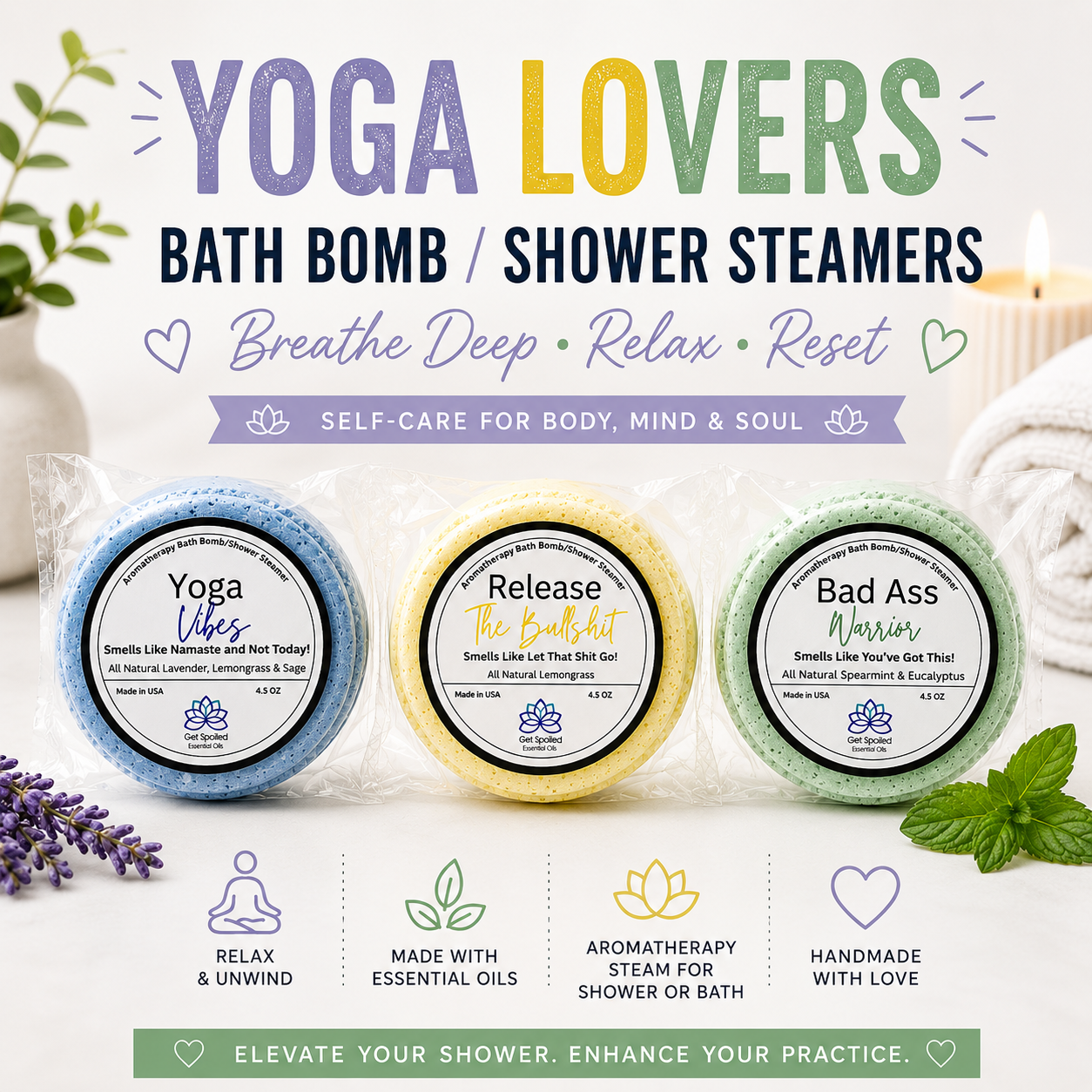 Yoga Bath Bomb & Shower Steamer Set – Aromatherapy Spa Gift