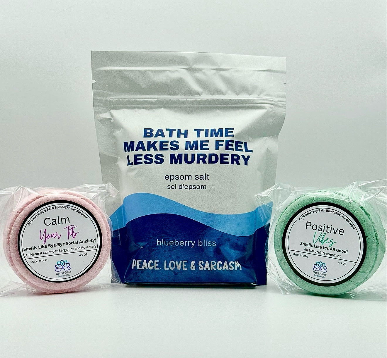 Less Murdery Epsom Salt Soak and Bath Bomb/Shower Steamer Gift Set