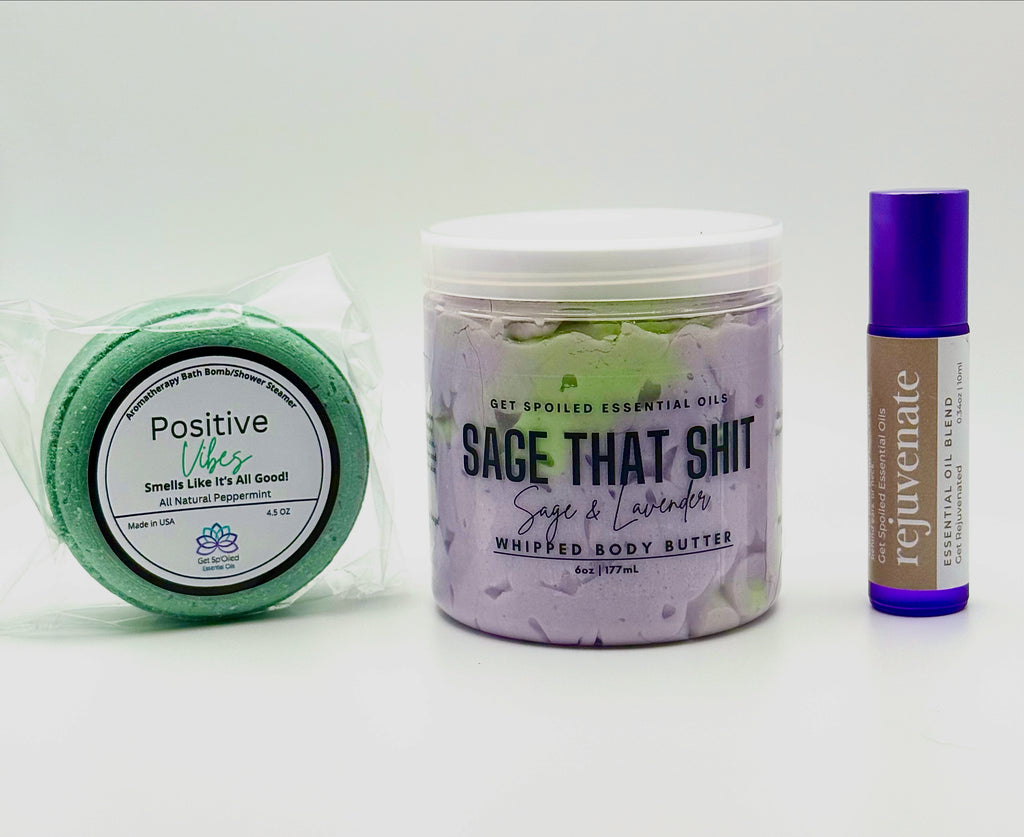 Good Vibe Self Care Gift Set – Sage Lavender Body Butter, Bath Bomb, Essential Oil