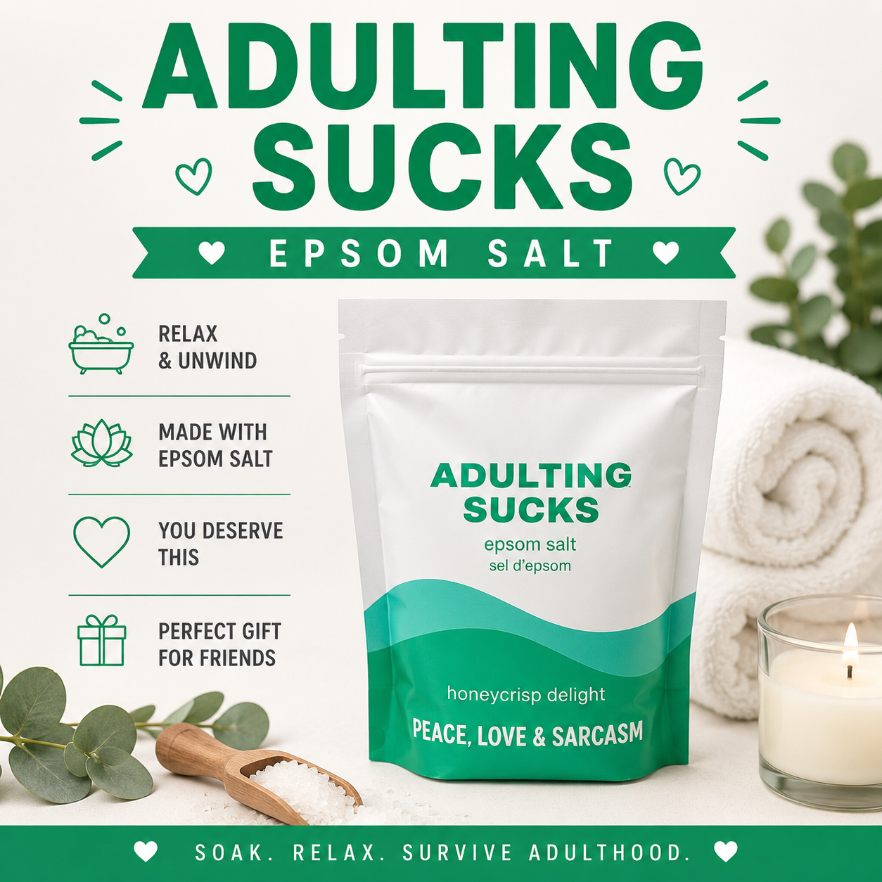 Adulting Sucks Epsom Salt Soak –  Funny Self-Care Bath Gift for Her