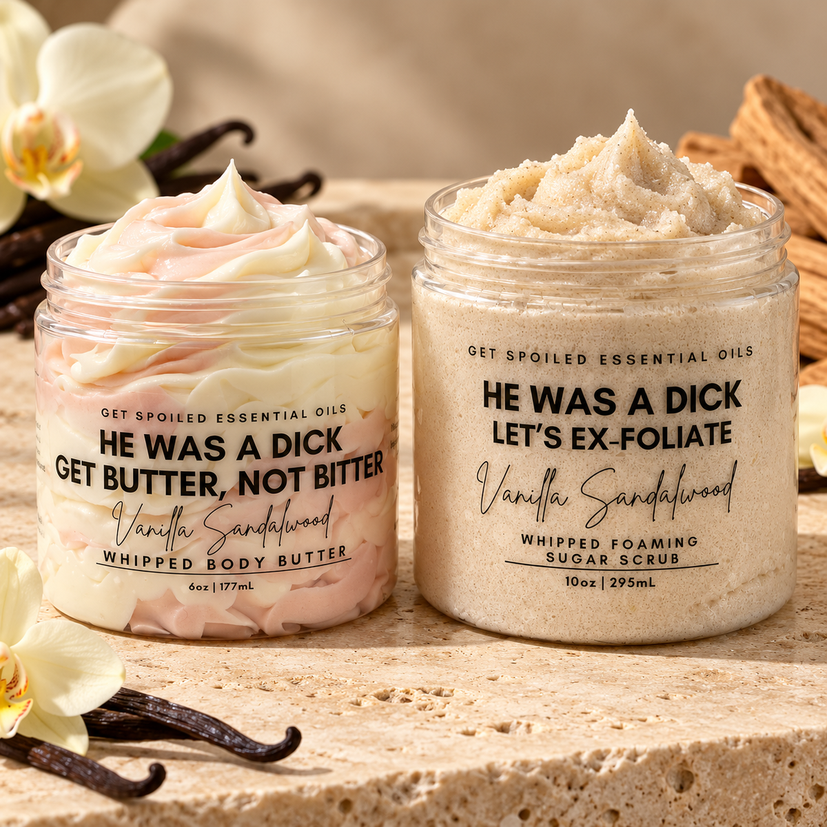 He Was A Dick Vanilla Sandalwood Sugar Scrub and Body Butter Gift Set