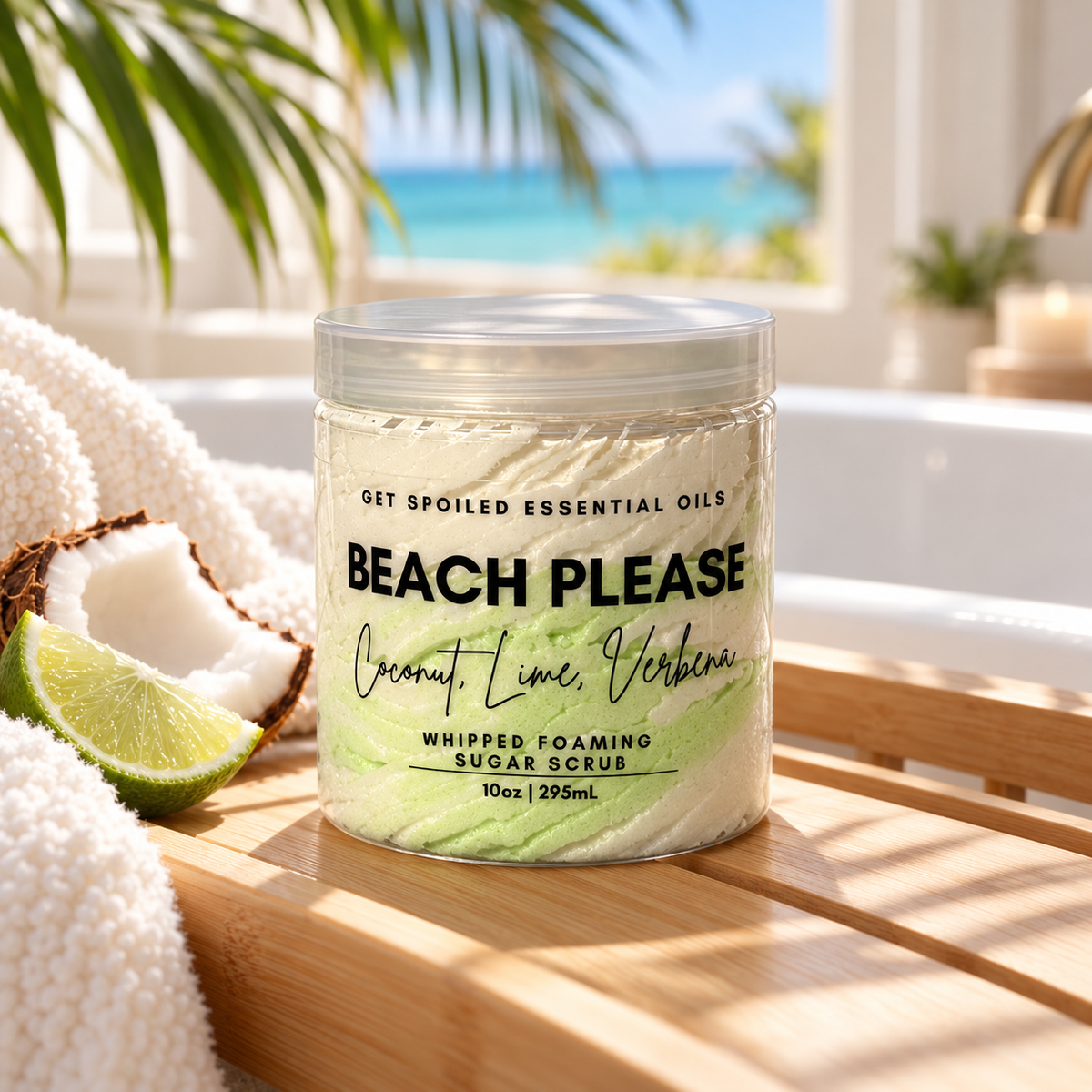 Beach Please Coconut Lime Verbena Sugar Scrub, 10oz Whipped Foaming Exfoliating Body Cleanser