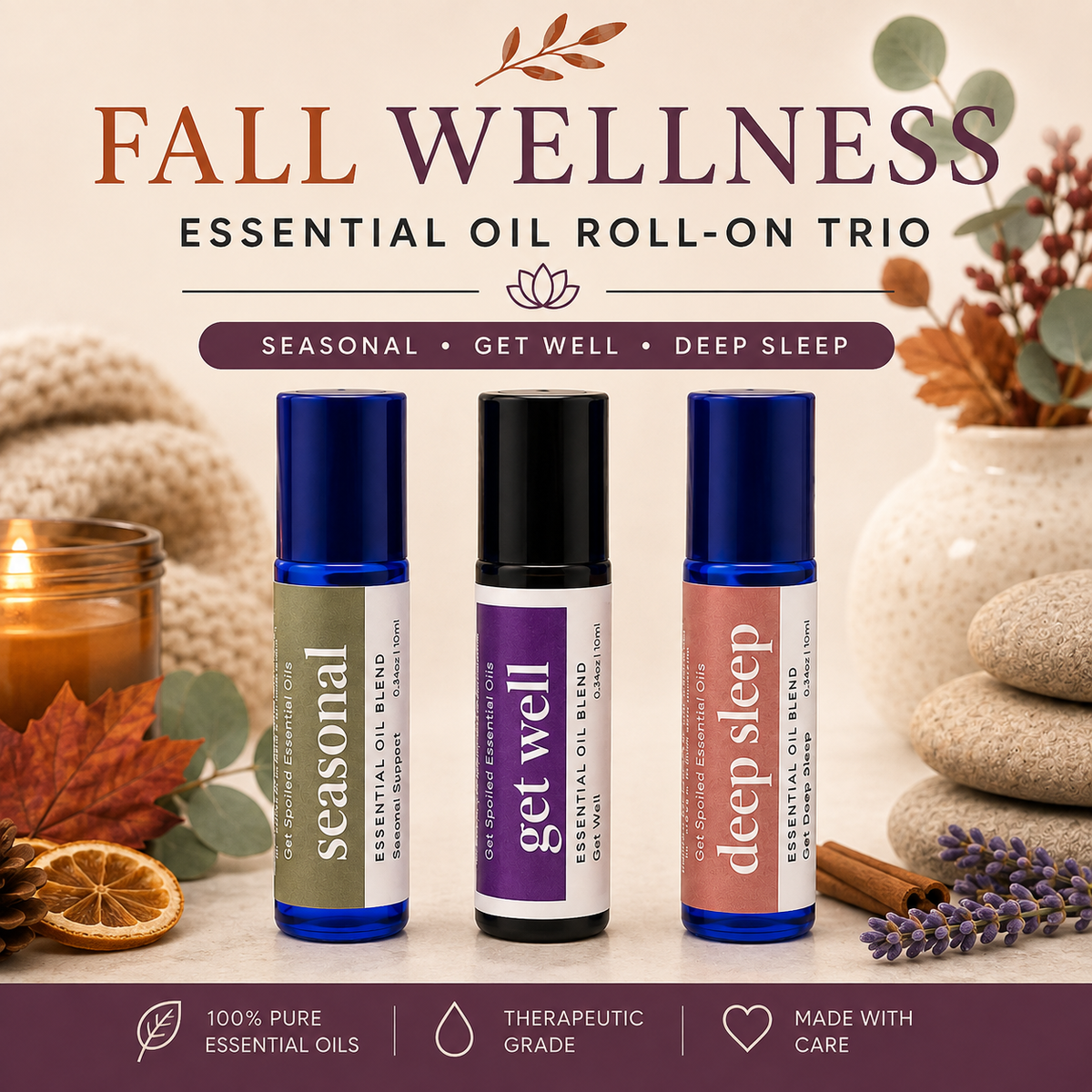 Fall Wellness Essential Oil Roll-On Trio | Seasonal, Get Well & Deep Sleep Blends