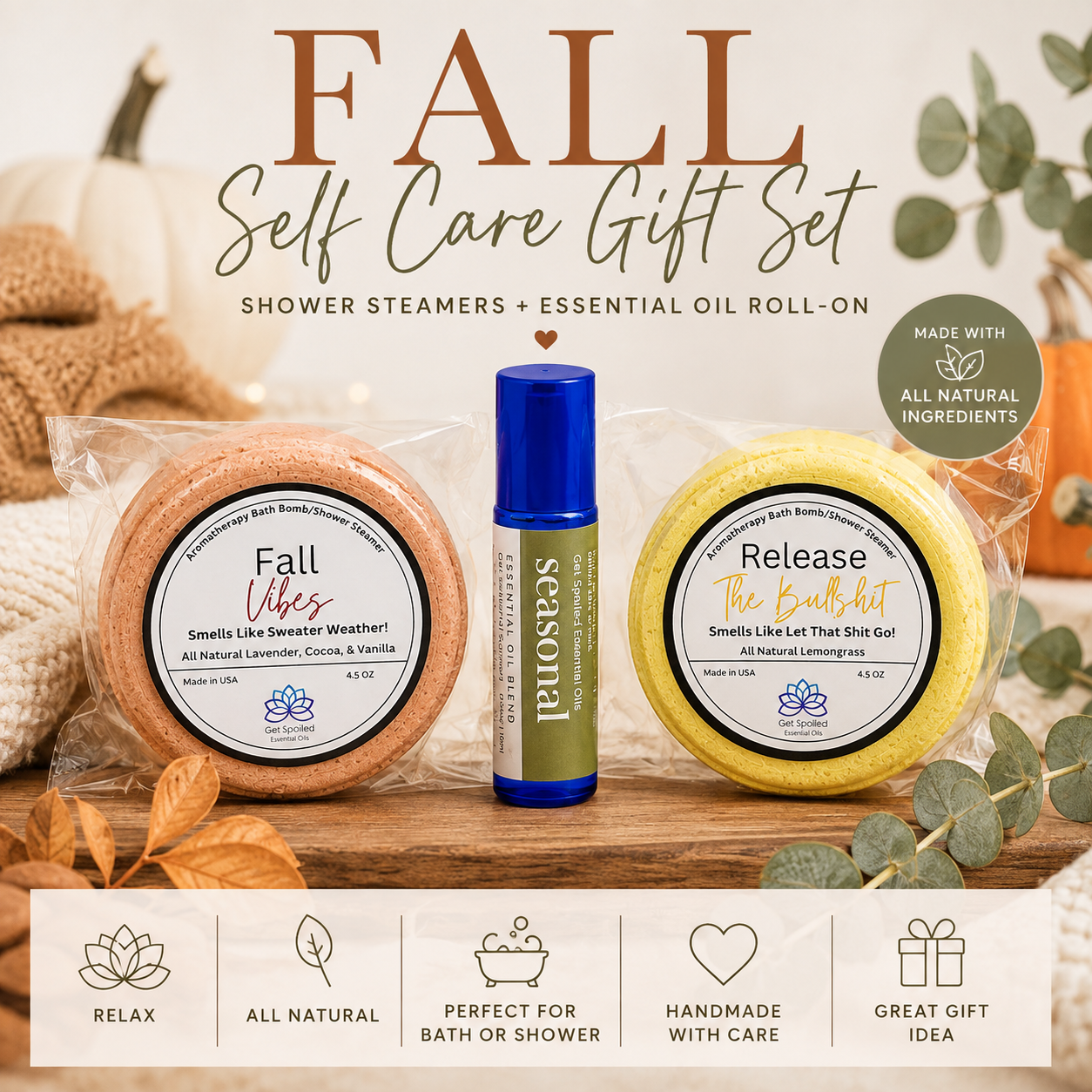 Fall Self Care Gift Set, Shower Steamers & Essential Oil Roll-On