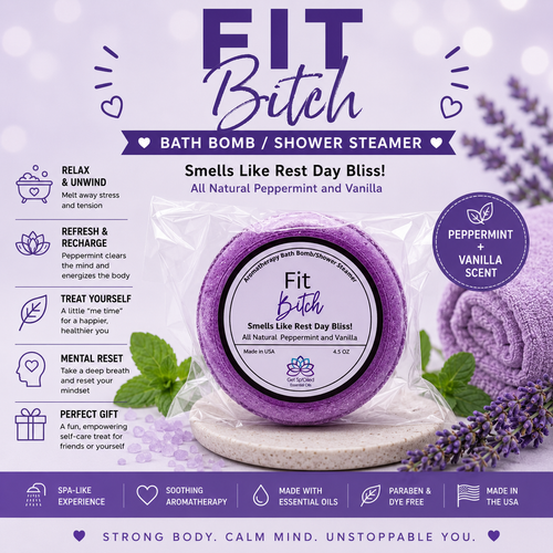 Fit Bitch Bath Bomb & Shower Steamer – Peppermint Vanilla | Muscle Recovery, Post Workout & Funny Self Care Gift