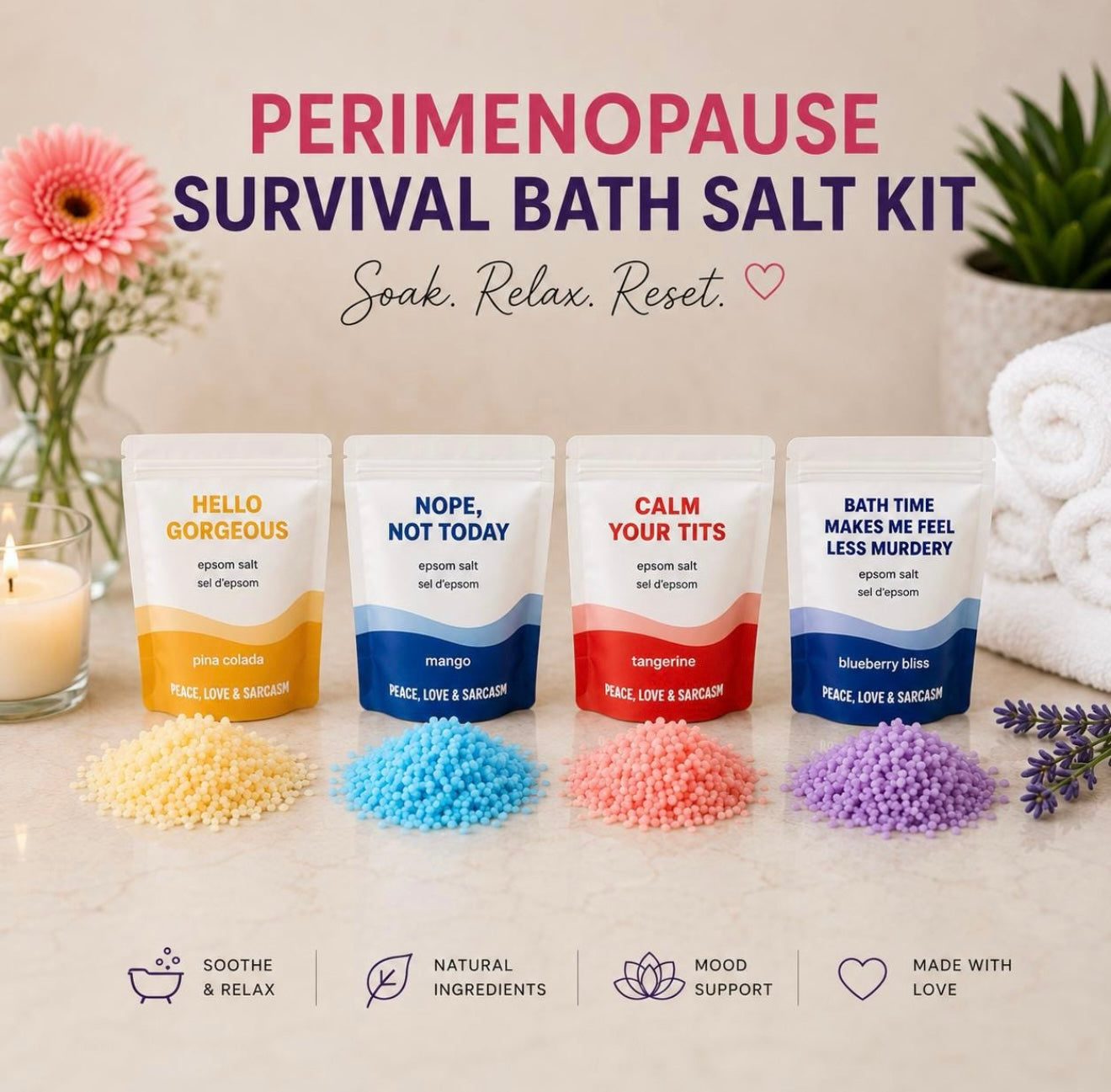 Perimenopause Survival Bath Salt Kit, Funny Menopause Self-Care Gift Box