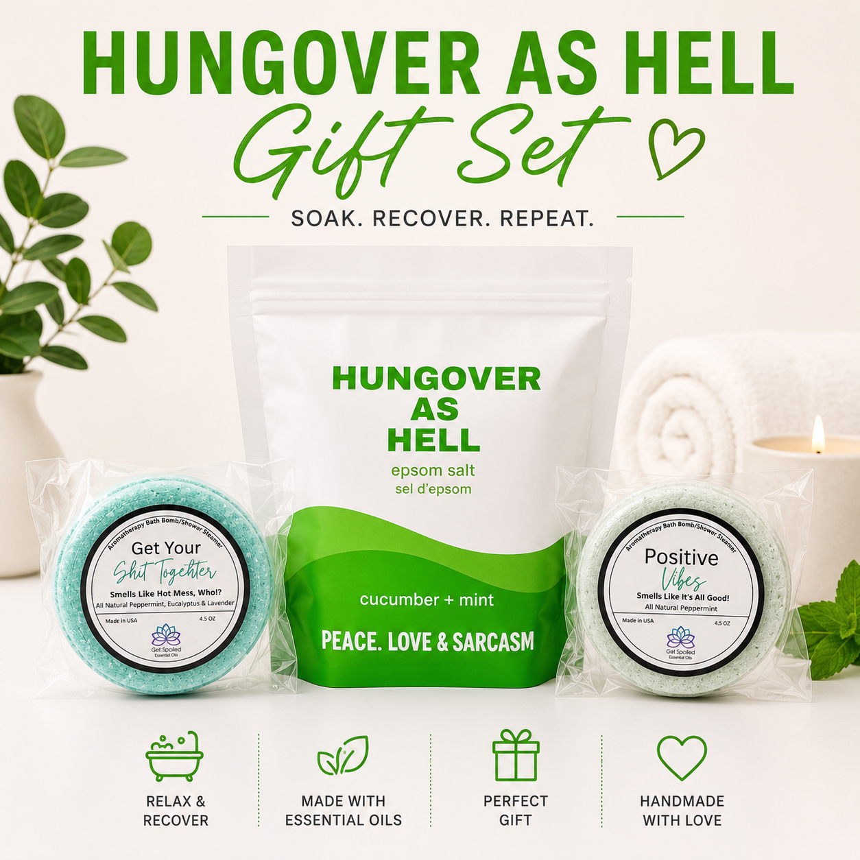 Hangover Recovery Epsom Salt Soak -  Bath Bomb/Shower Steamer Gift Set