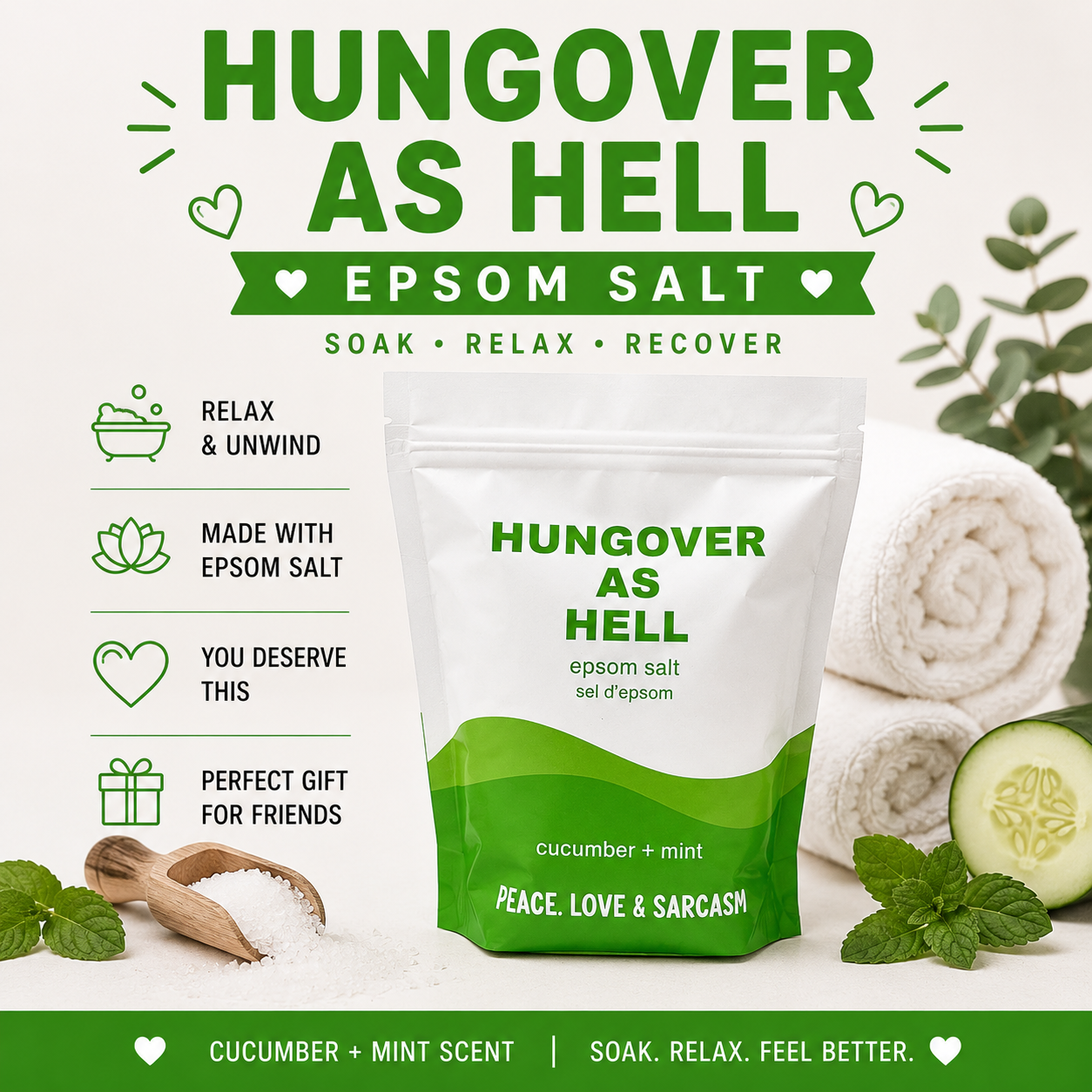 Hungover As Hell Epsom Salt Soak – Funny Hangover Recovery Bath, Cucumber Mint