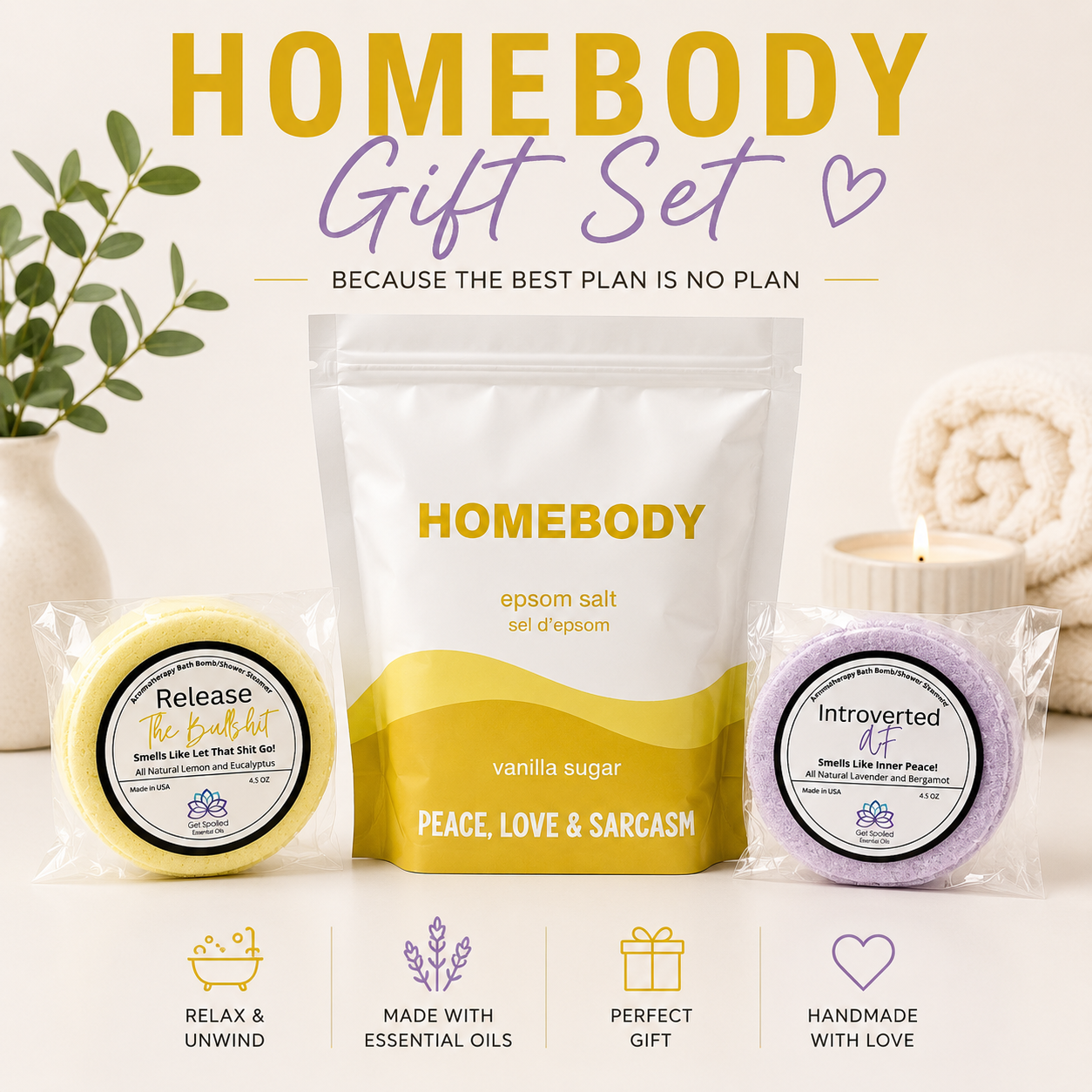 Homebody Epsom Salt Soak and Bath Bomb/Shower Steamer Gift Set