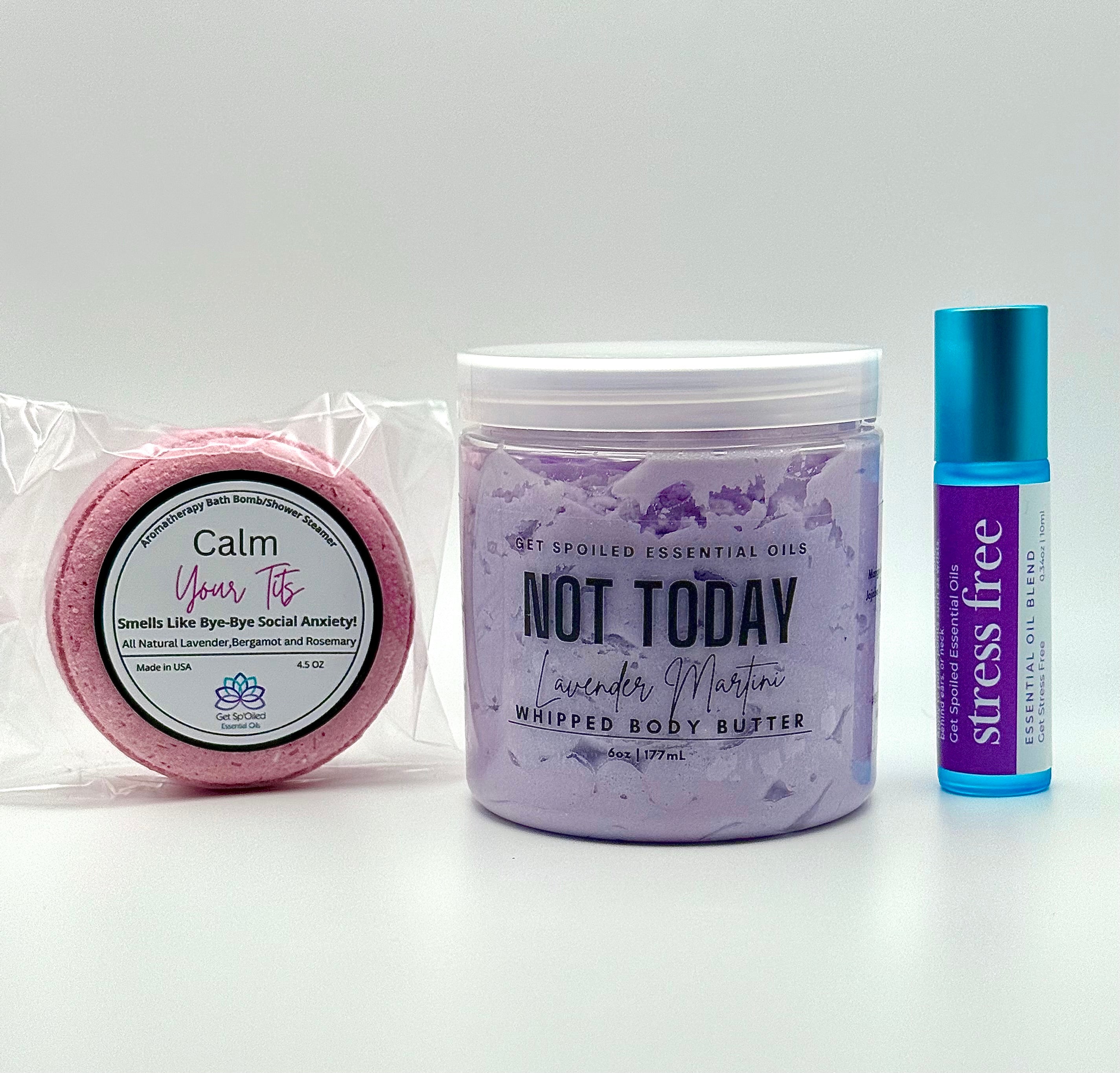 Stress Less Self Care Gift Set – Lavender Body Butter, Bath Bomb & Stress Relief Oil