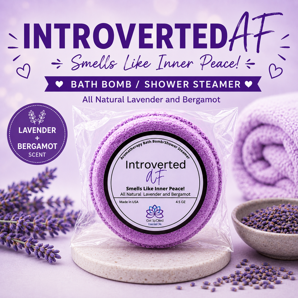 Introverted AF Bath Bomb/Shower Steamer – Lavender & Bergamot, Funny Self-Care Gift for Homebodies