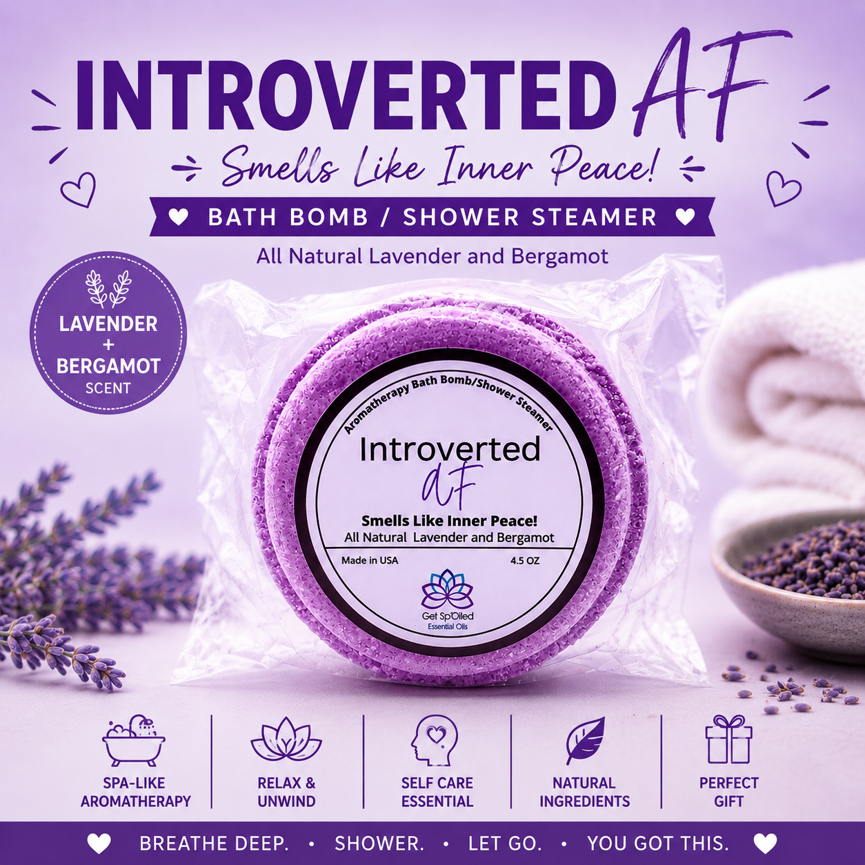 Introverted AF Bath Bomb/Shower Steamer – Lavender & Bergamot, Funny Self-Care Gift for Homebodies