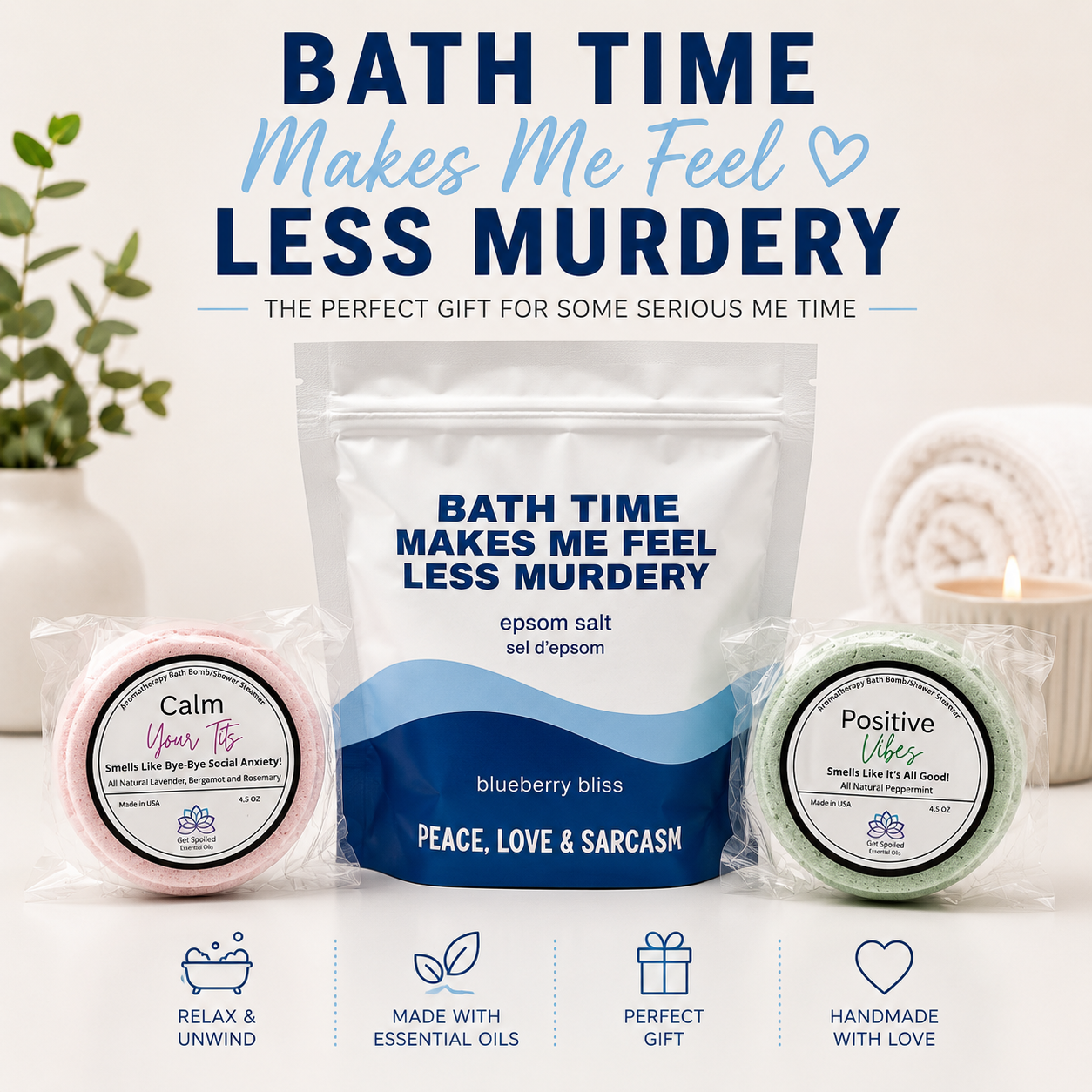 Less Murdery Epsom Salt Soak and Bath Bomb/Shower Steamer Gift Set