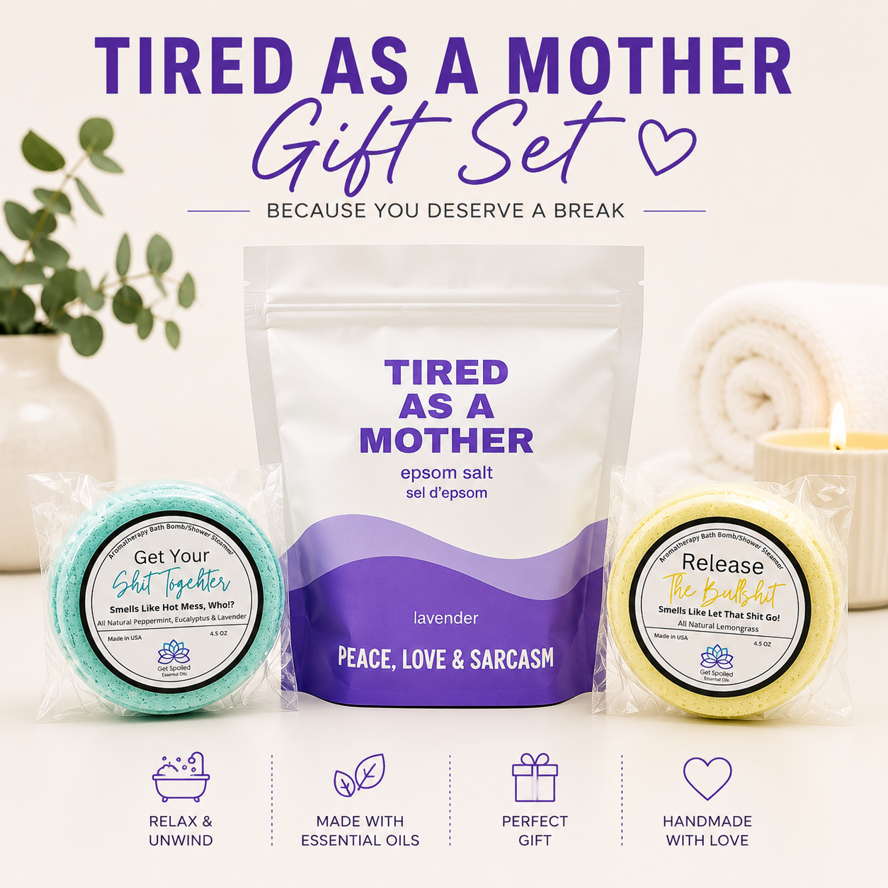 Tired as a Mother Epsom Salt Soak and Bath Bomb/Shower Steamer Gift Set