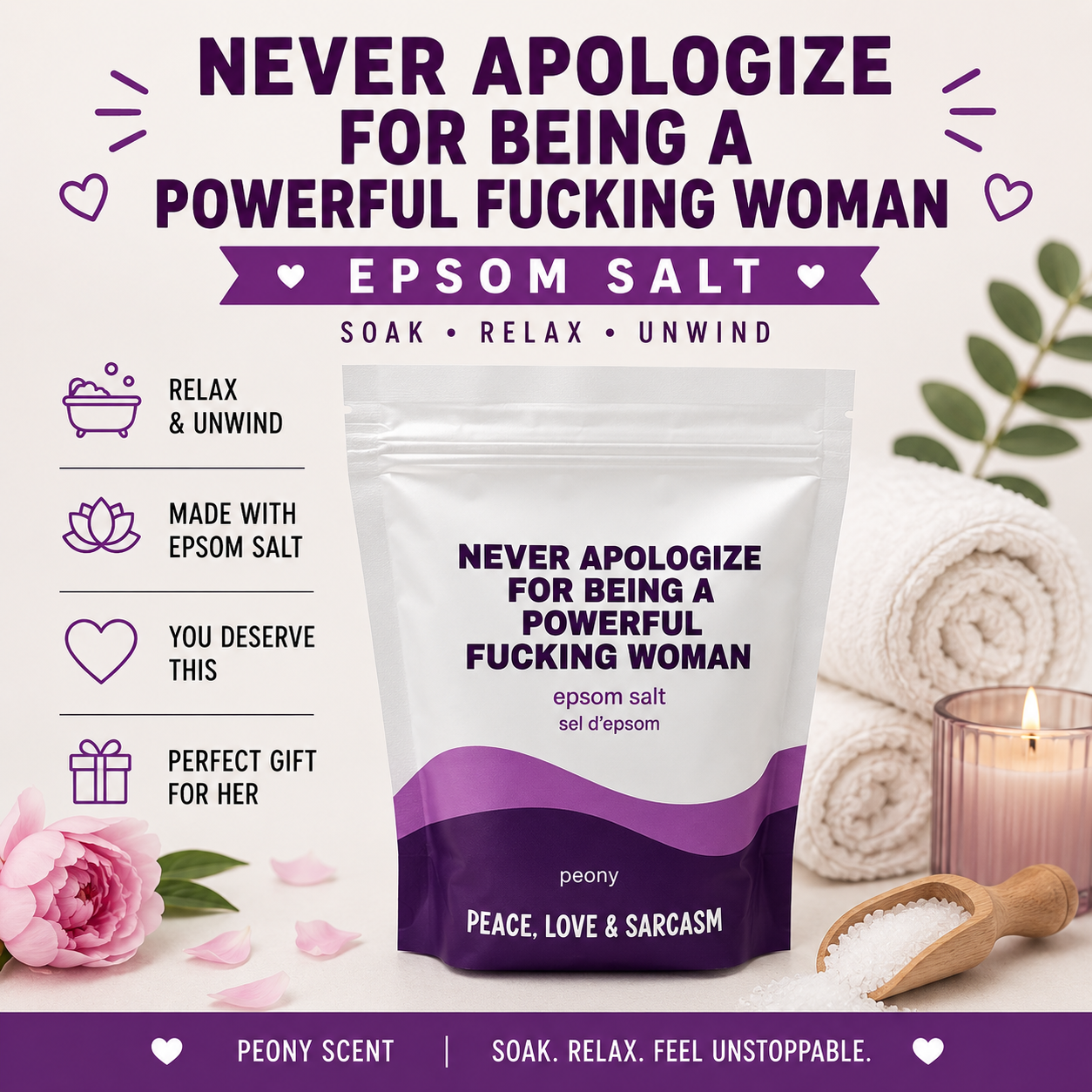 Never Apologize Epsom Salt Soak – Funny Self-Care Spa Gift