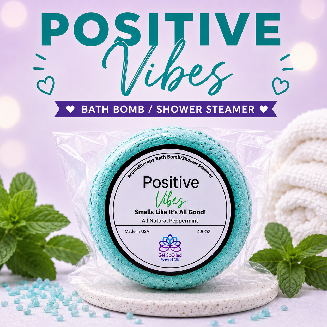 Positive Vibes Bath Bomb & Shower Steamer – Peppermint, Uplifting Self-Care Spa Gift