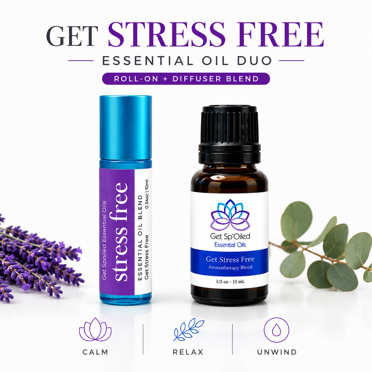 Stress Relief Essential Oil Set – Lavender, Lime, Sandalwood (Diffuser & Roll-On)
