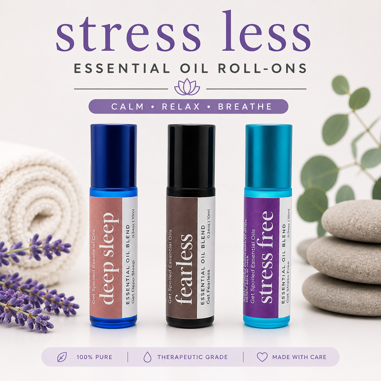 Stress Less Essential Oil Roll On Trio, Relaxation Self-care, Aromatherapy Gift Set