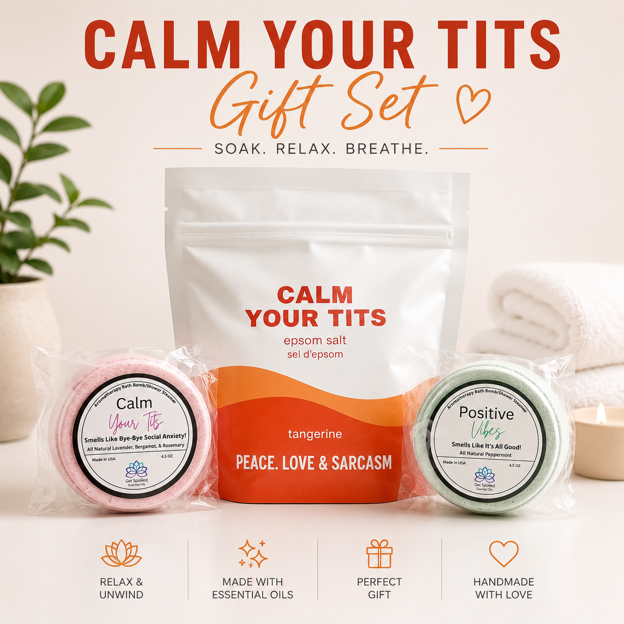 Calm Your Tits Epsom Salt Soak and Bath Bomb/Shower Steamer Gift Set