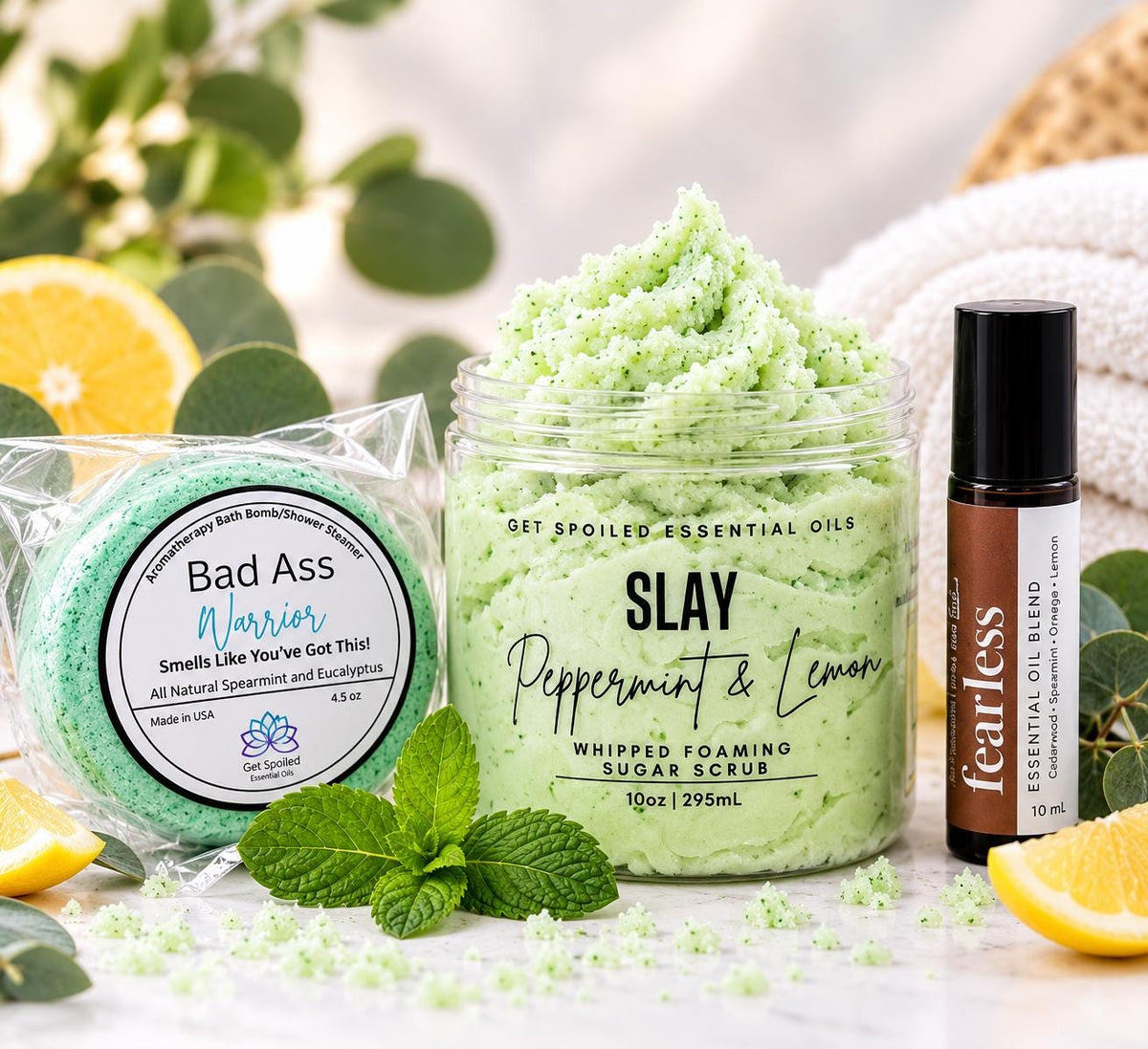 Slay Self-Care Gift Set – Sugar Scrub, Bath Bomb & Roll-On