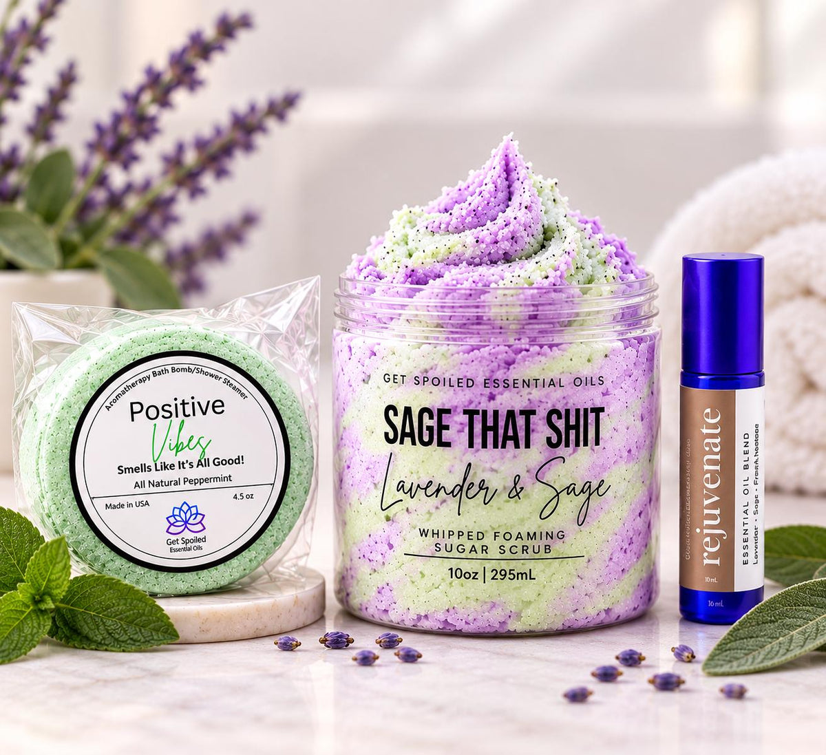 Good Vibe Self-Care Gift Set – Sugar Scrub, Bath Bomb & Roll-On