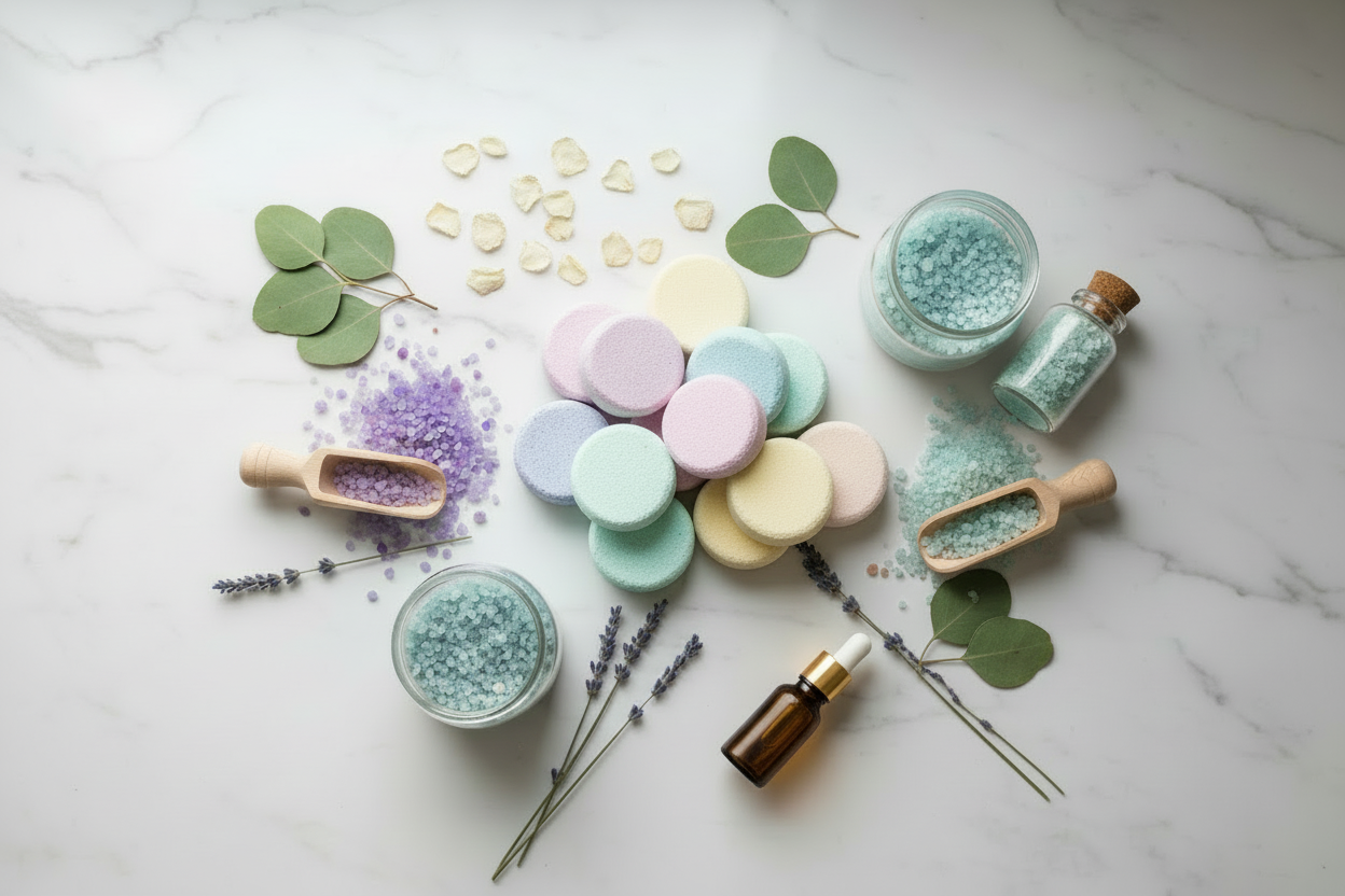 Shower Steamers & Bath Salts Flatlay - Cool Tones